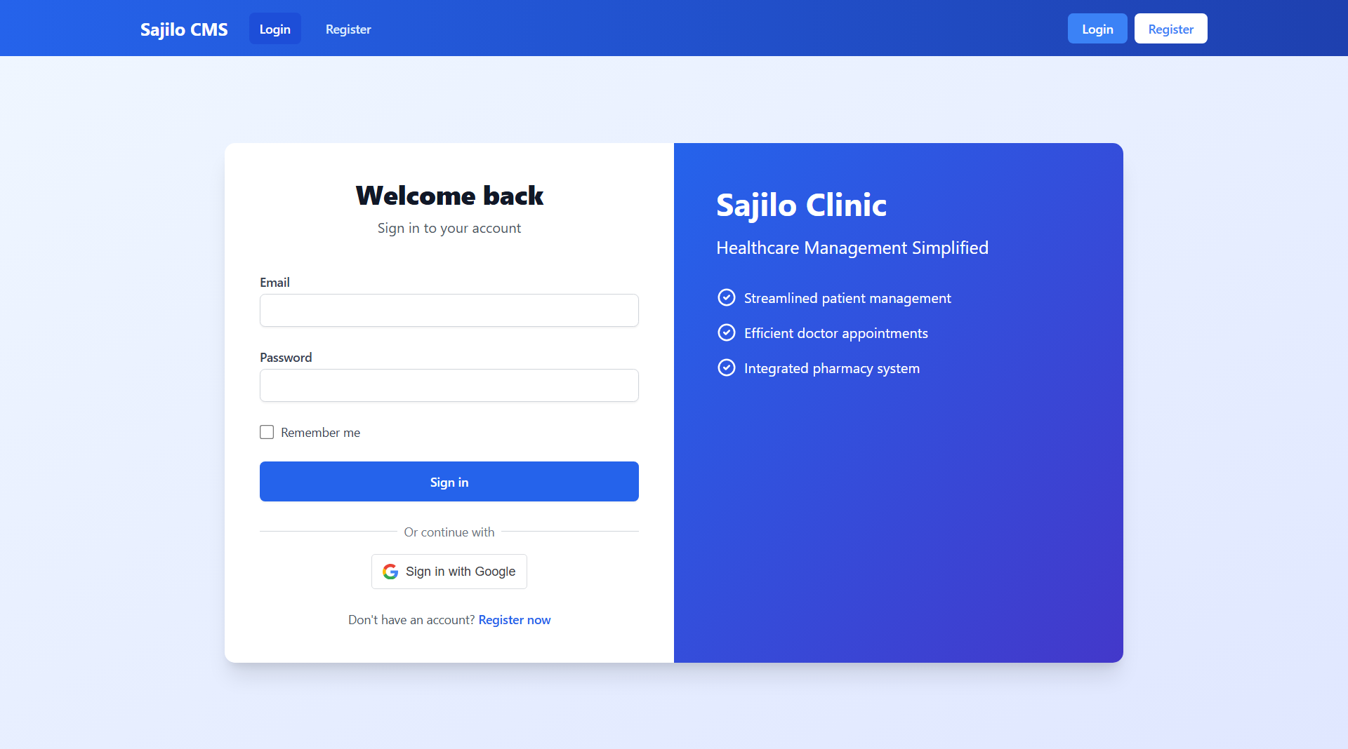 Sajilo CMS clinic login page screenshot